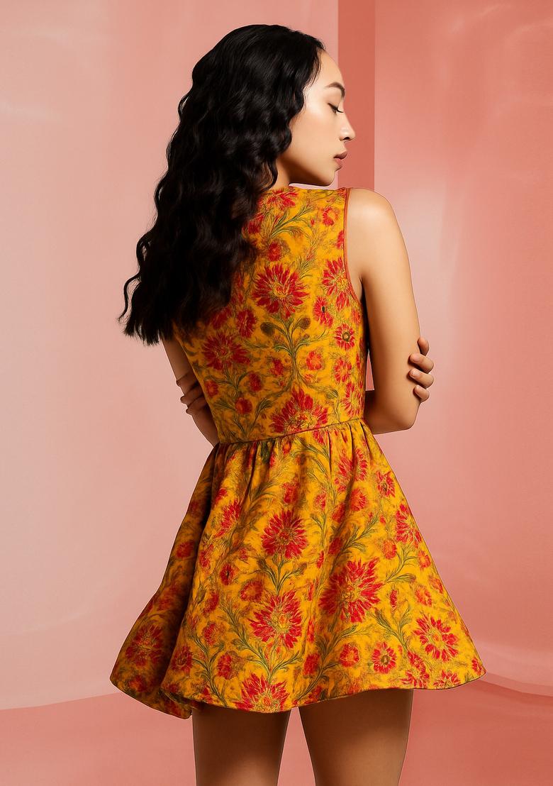 Yellow Brocade Dress - Indya