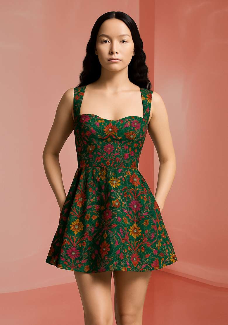 Green Brocade Dress - Indya
