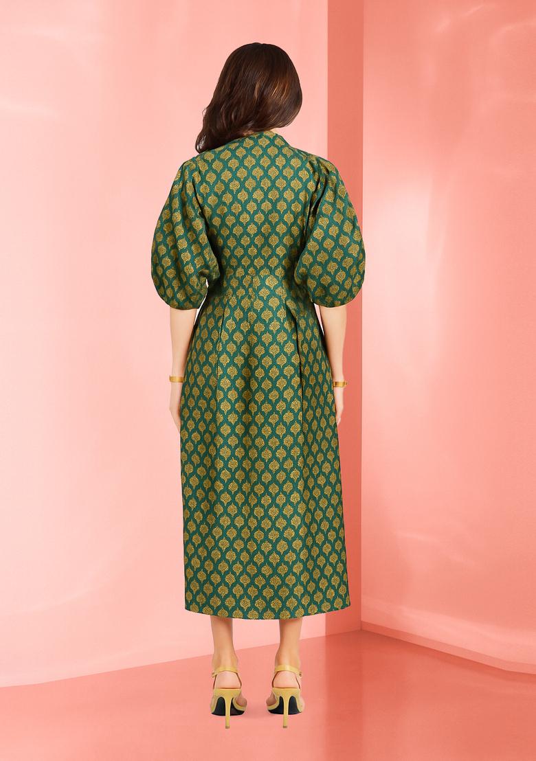 Green Brocade Dress - Indya