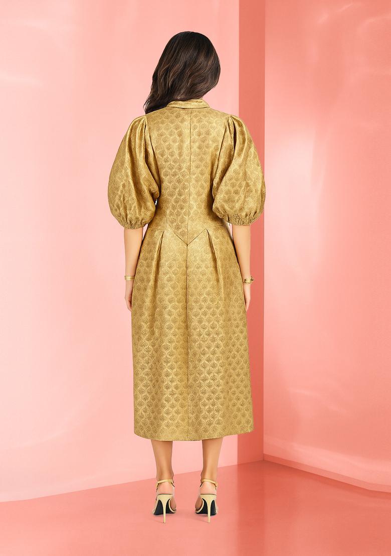 Beige Brocade Dress - Indya