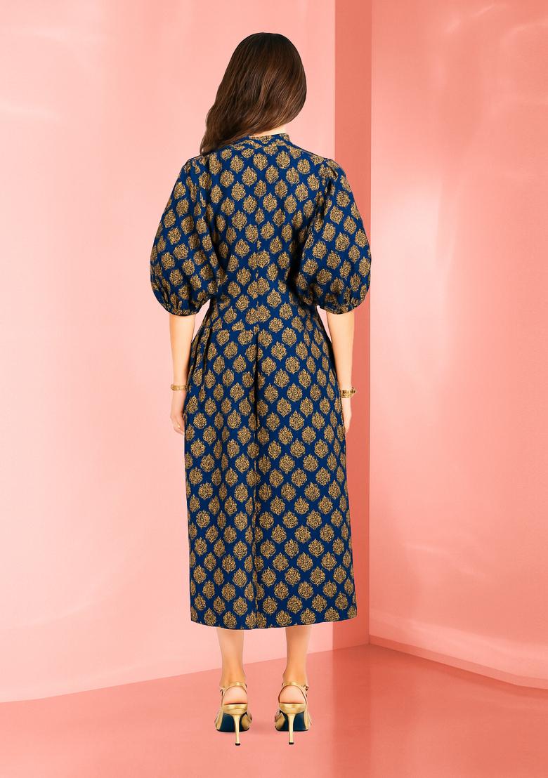 Navy Blue Brocade Dress - Indya
