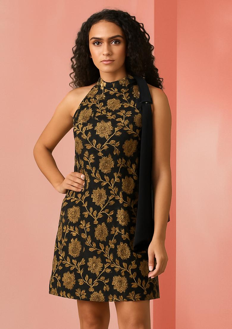 Black Brocade Dress - Indya