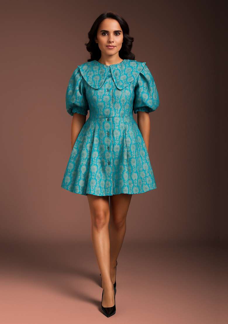 Sky Blue Brocade Dress - Indya