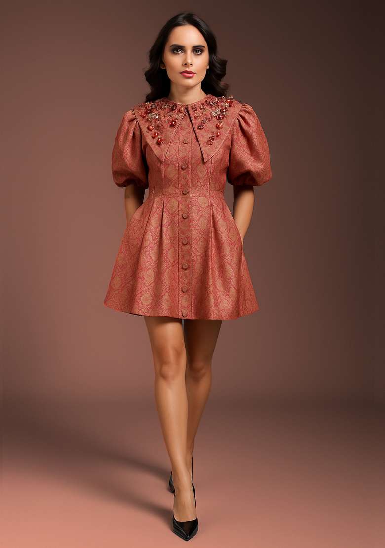 Peach Brocade Dress - Indya