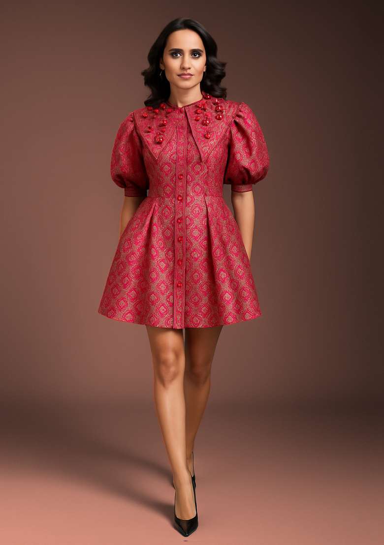Pink Brocade Dress - Indya