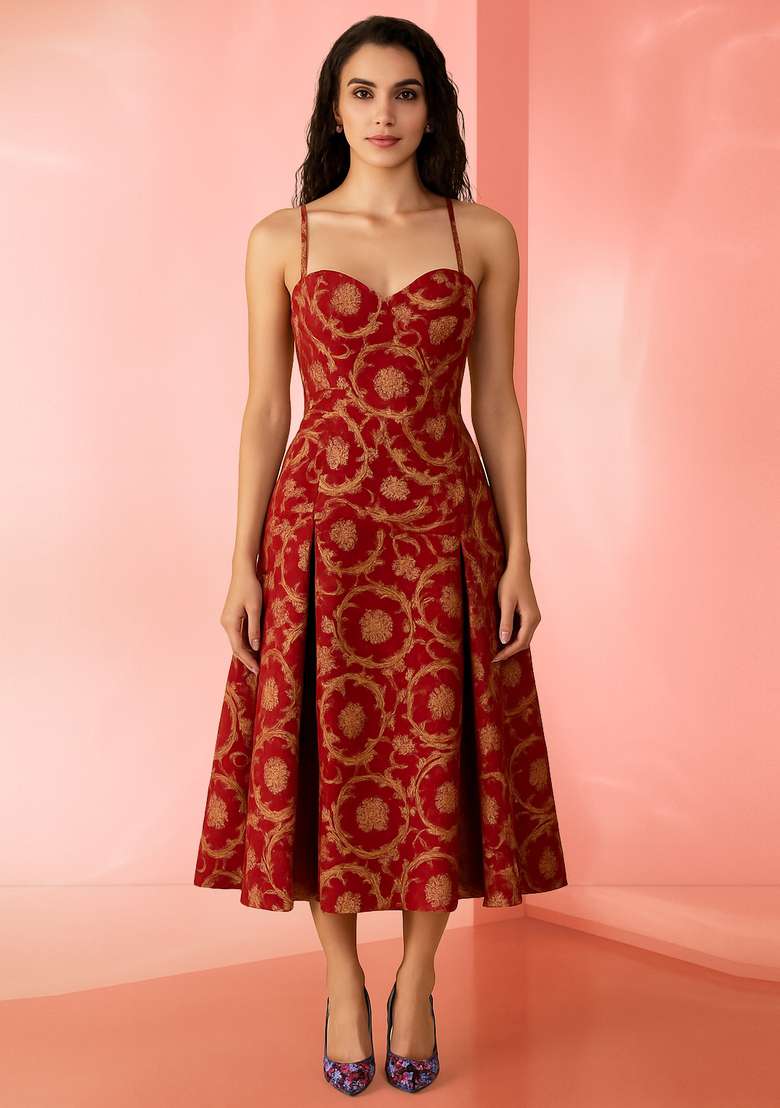 Red Brocade Dress - Indya