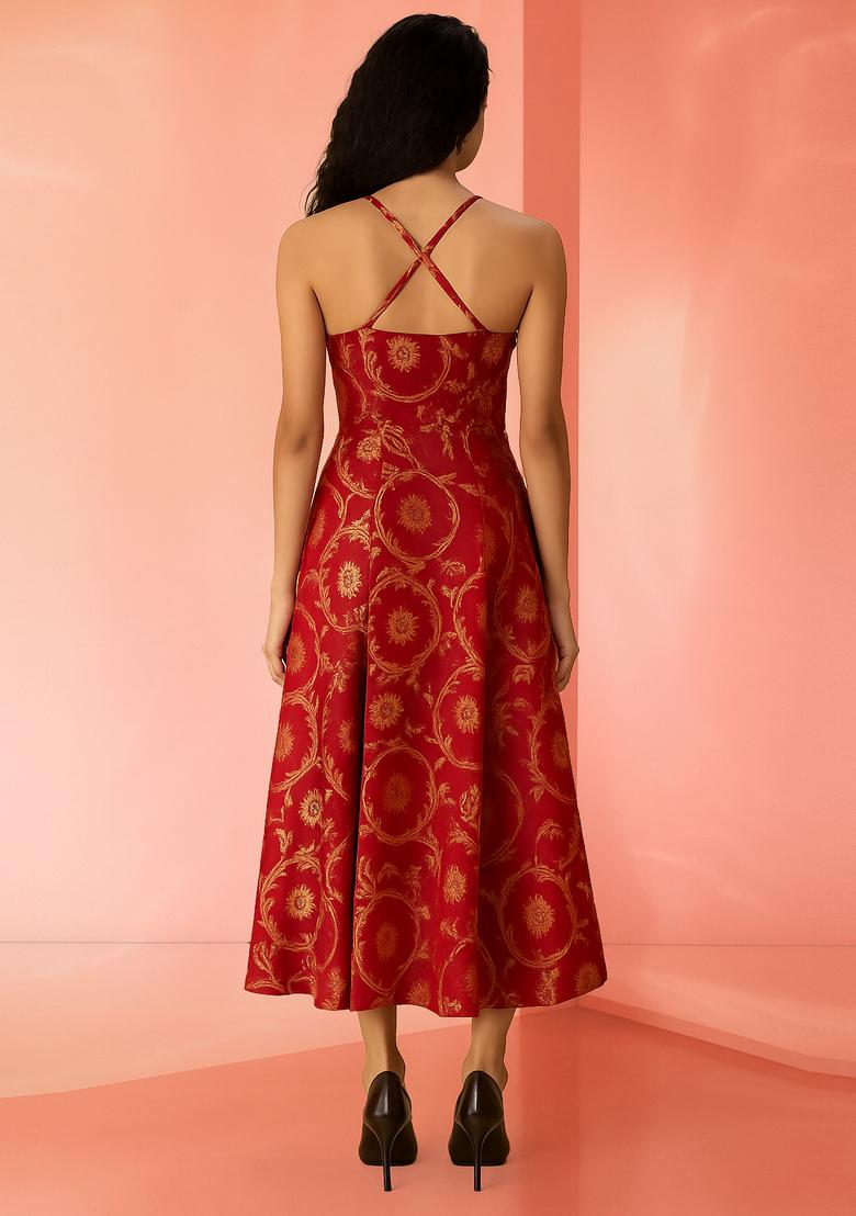 Red Brocade Dress - Indya