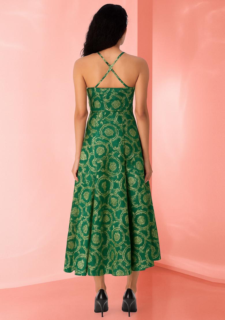 Green Brocade Dress - Indya