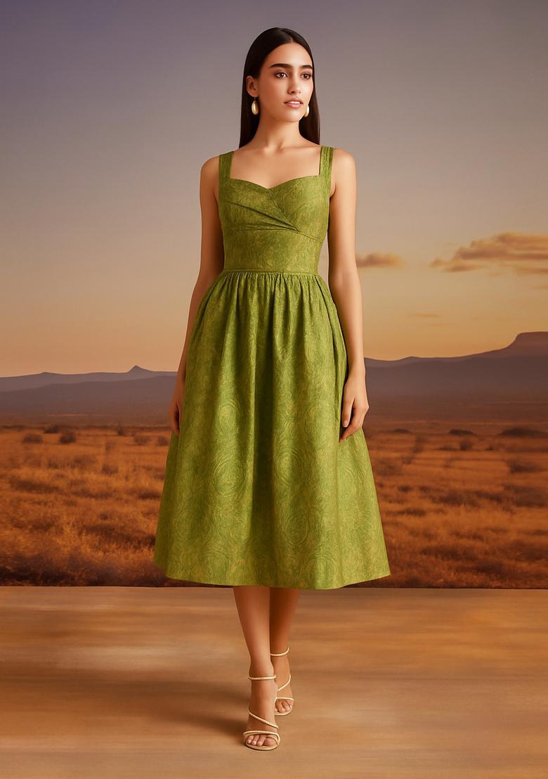 Light Green Brocade Dress - Indya