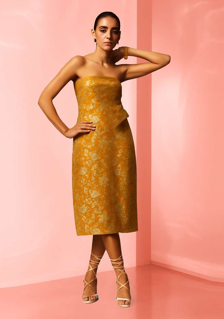 Yellow Brocade Dress - Indya