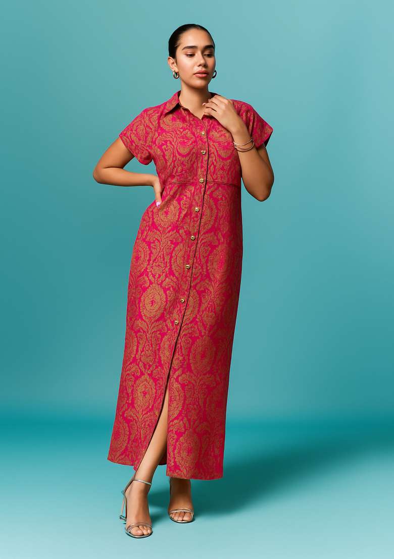 Rani Pink Brocade Dress for Diwali | Wedding & Festive Wear - Indya
