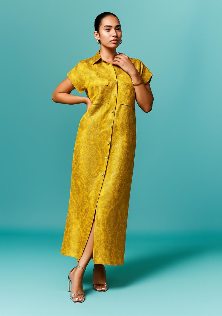 Lemon Yellow Brocade Dress