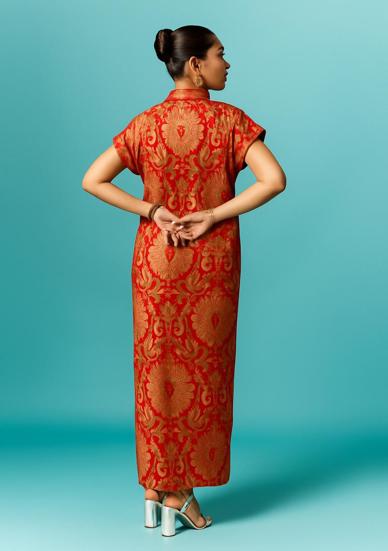 Red Brocade Dress - Indya