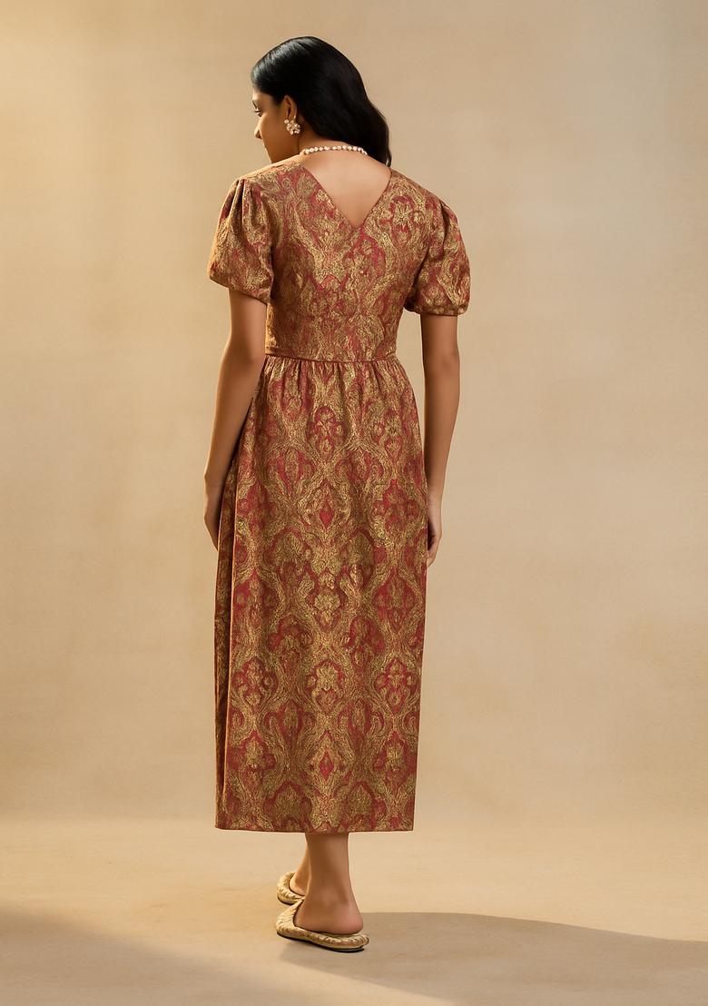 Golden Brocade Dress - Indya