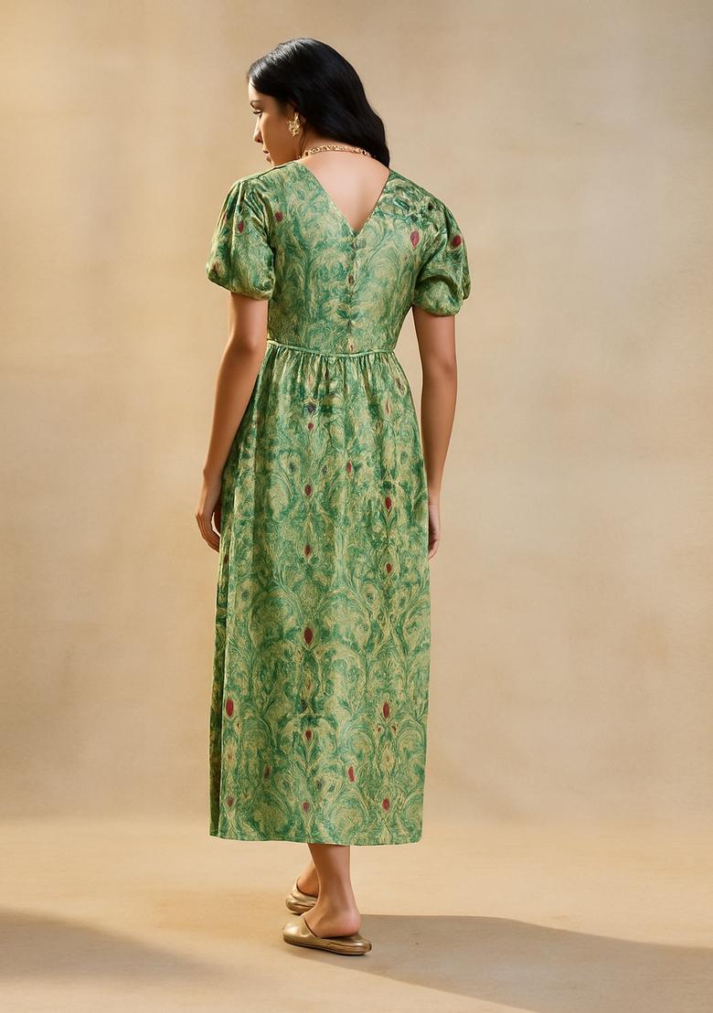 Green Brocade Dress - Indya