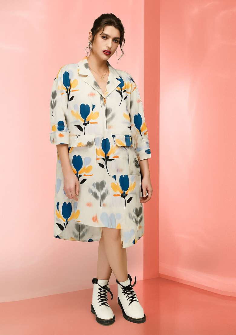 White Abstract Print Cotton Dress for Diwali and Festive Wear - Indya