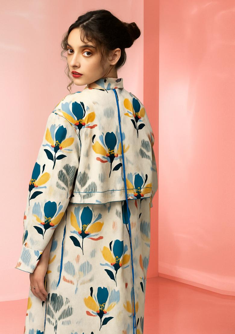 White Abstract Print Cotton Dress - Indya