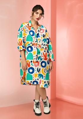 White Abstract Print Cotton Dress