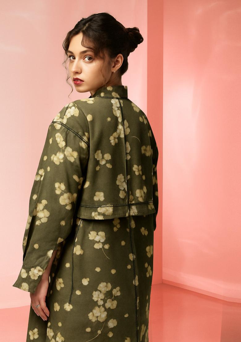 Olive Green Floral Print Cotton Dress - Indya