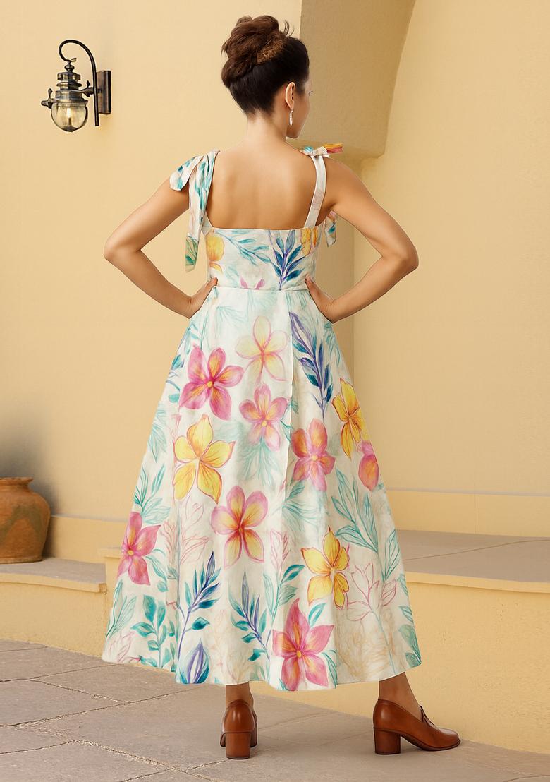 Multi Color Floral Print Cotton Dress - Indya