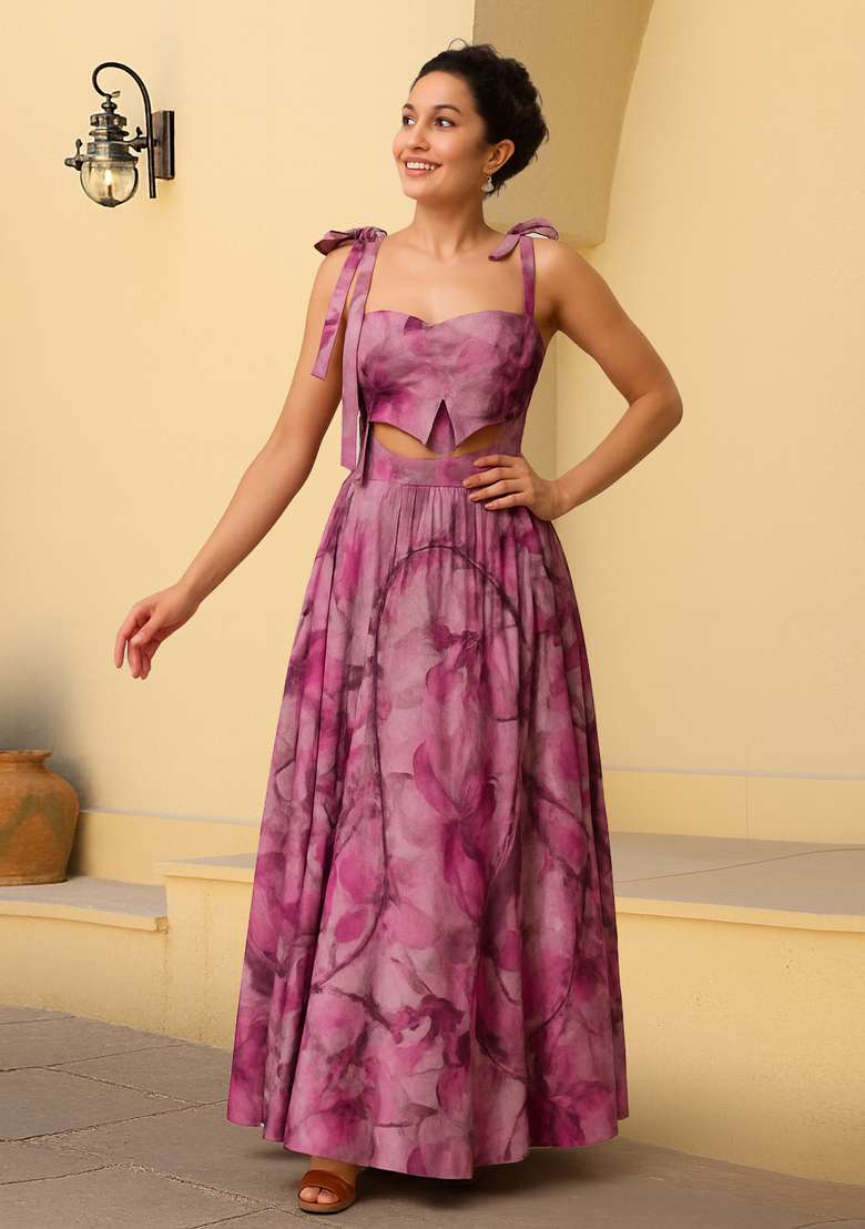 Multi Color Floral Print Cotton Dress for Diwali and Festive Wear - Indya