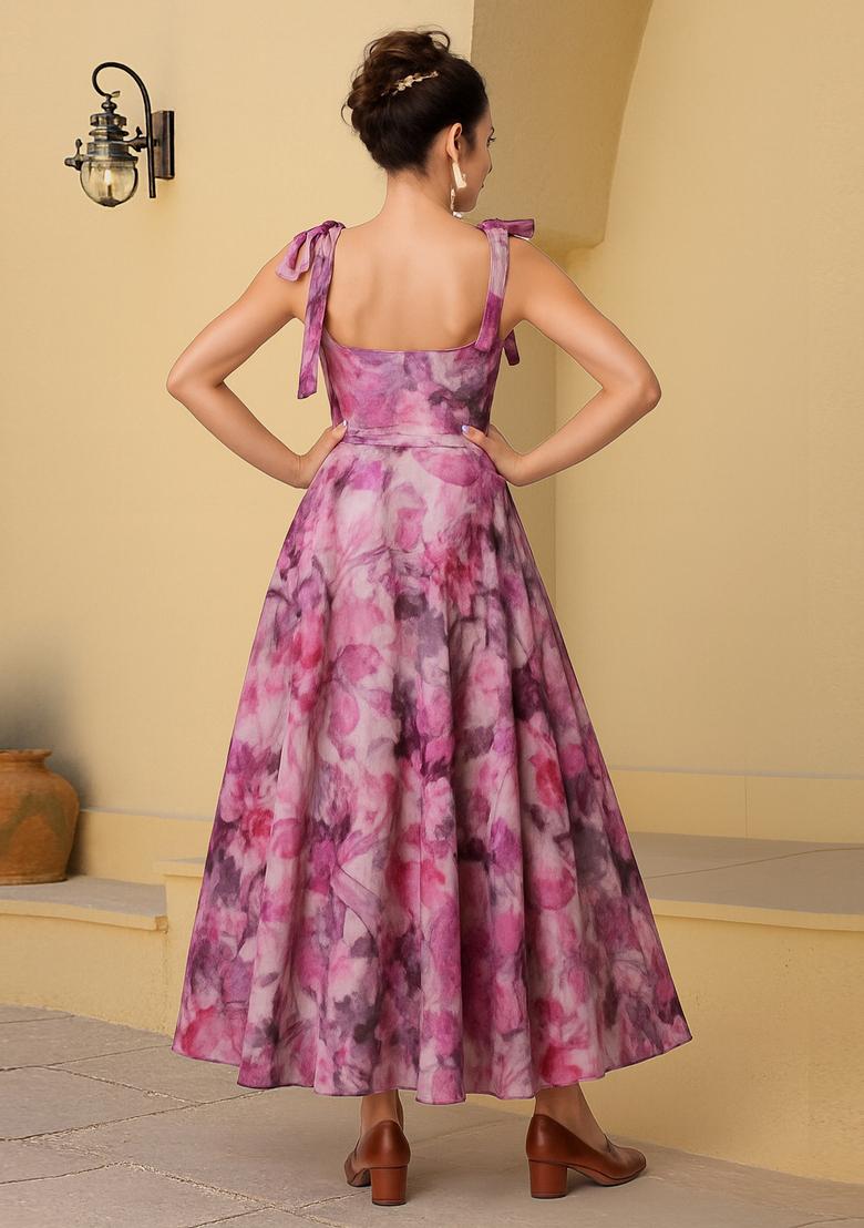 Multi Color Floral Print Cotton Dress - Indya