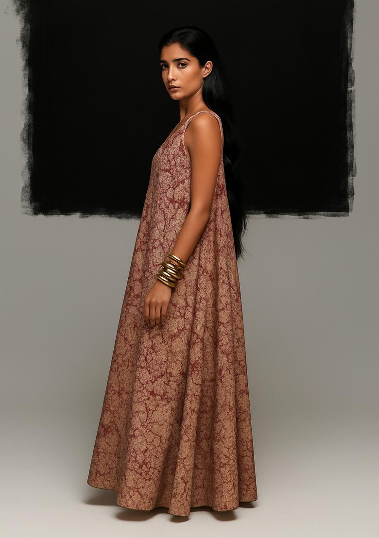 Rust Floral Print Cotton Dress - Indya