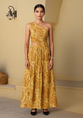 Yellow Abstract Print Cotton Dress