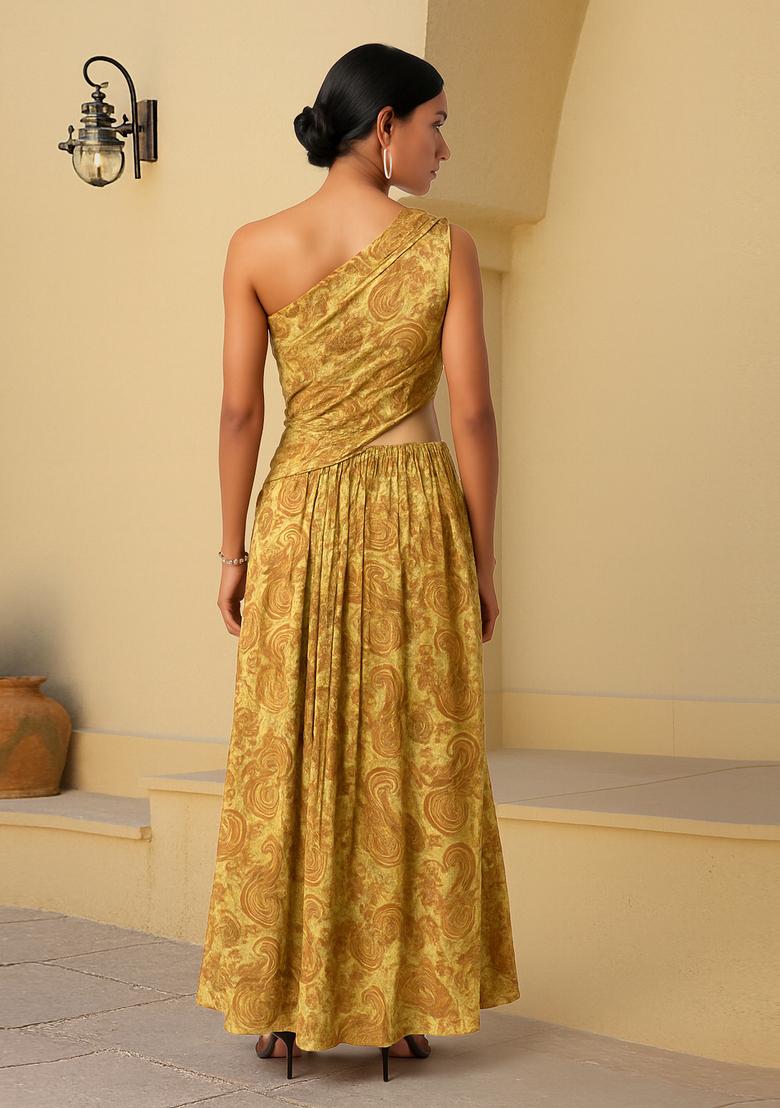 Yellow Abstract Print Cotton Dress - Indya