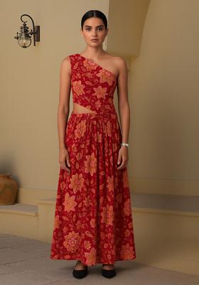 Red Floral Print Cotton Dress