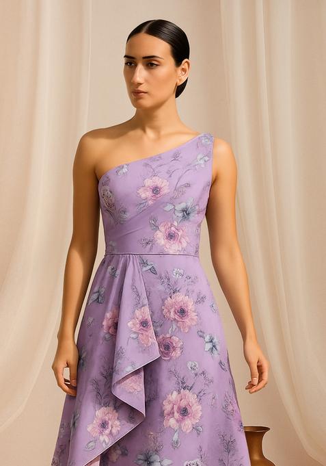 Purple Floral Print Cotton Dress