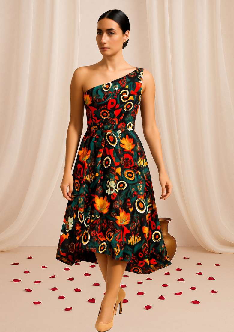 Multi Color Cotton Dress with Floral Print for Diwali | Wedding & Festive Wear - Indya