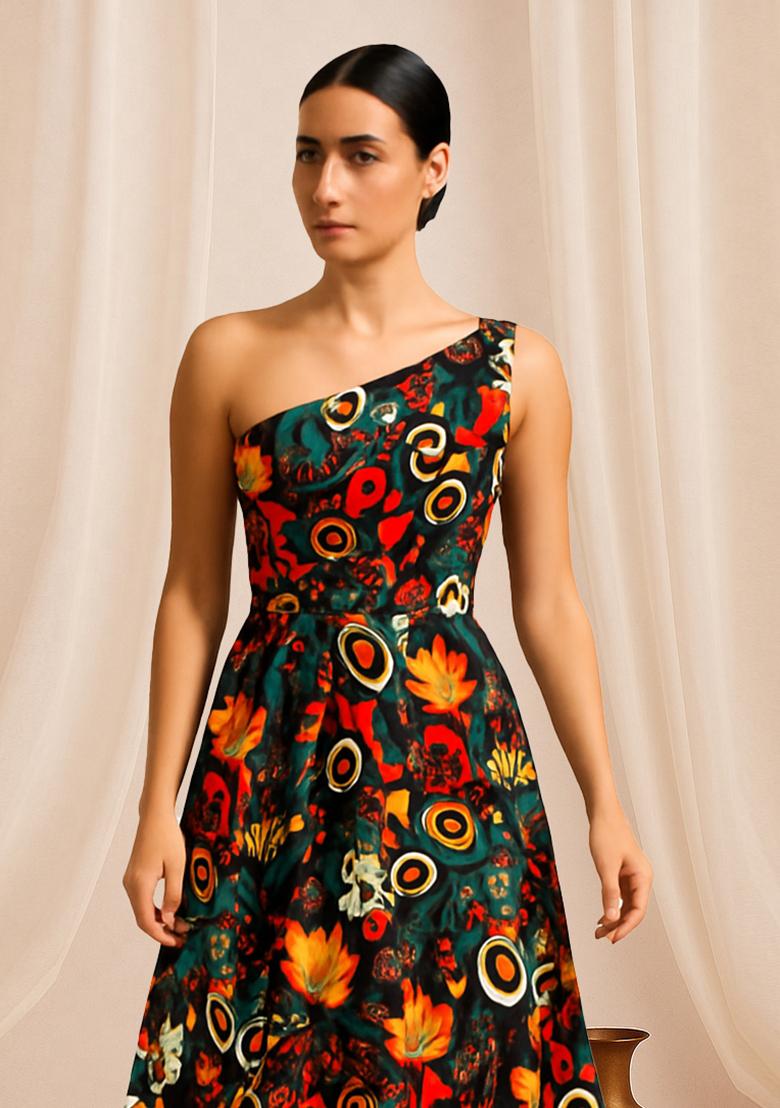 Multi Color Floral Print Cotton Dress - Indya