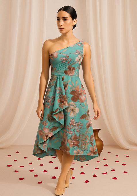 Blue Floral Print Cotton Dress