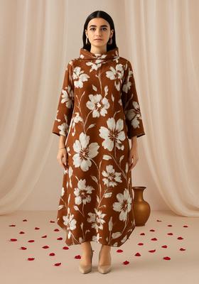 Brown Floral Print Cotton Dress