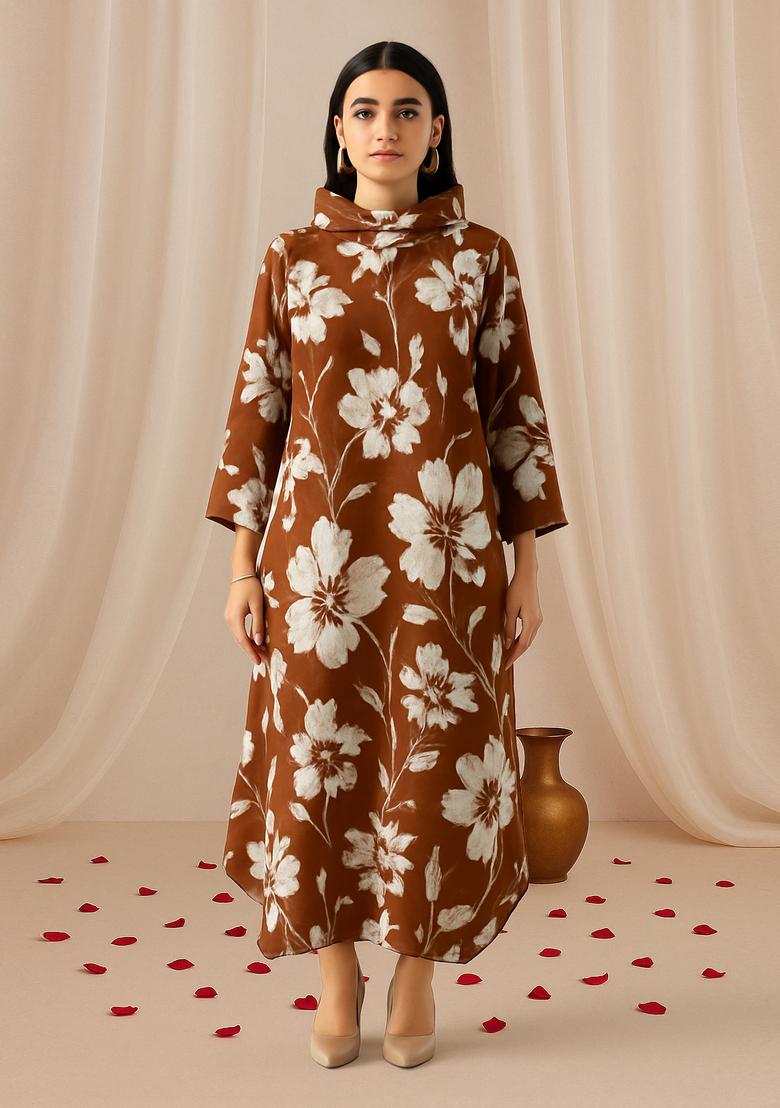 Brown Floral Print Cotton Dress