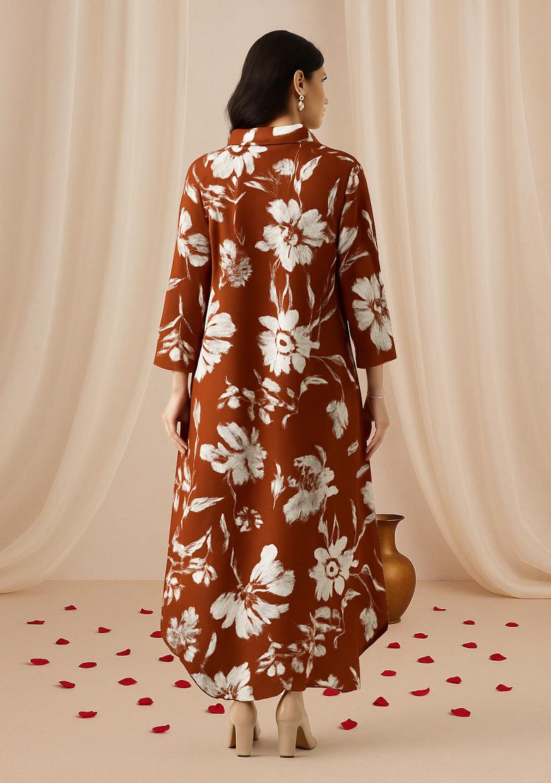 Brown Floral Print Cotton Dress
