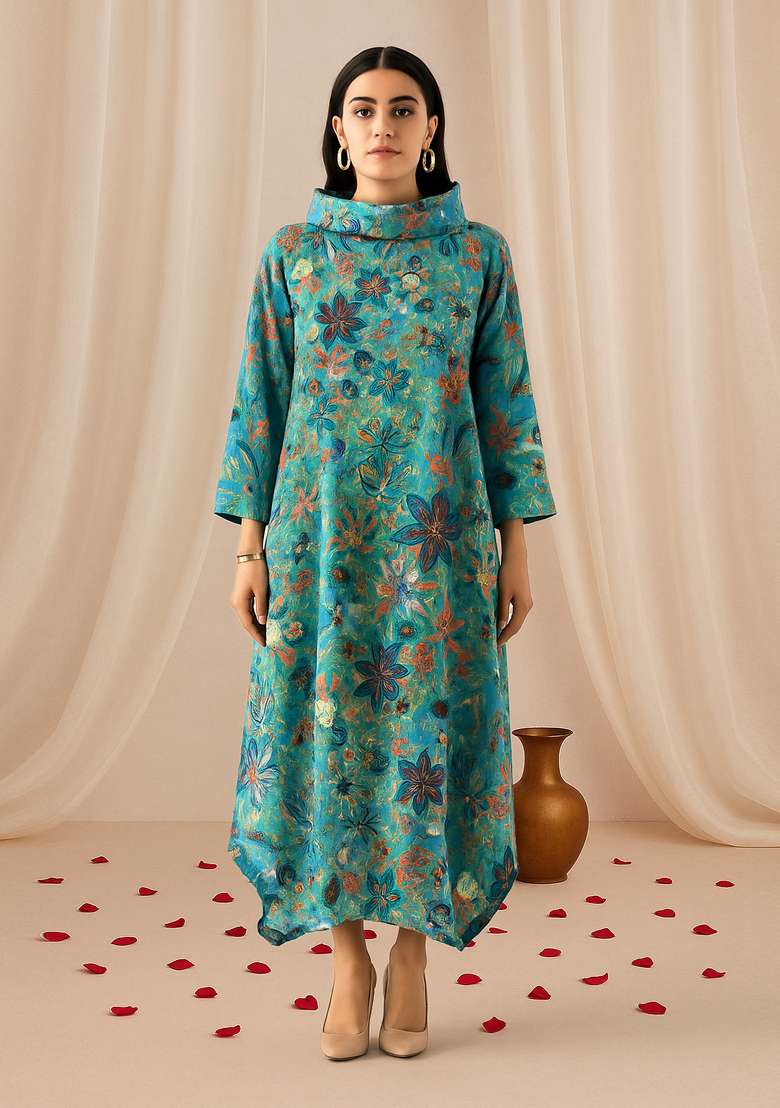 Multi Color Floral Print Cotton Dress for Diwali and Festive Wear - Indya
