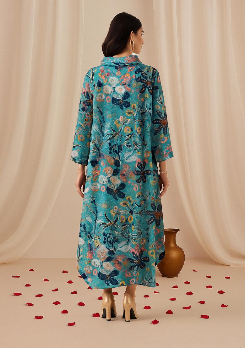 Multi Color Floral Print Cotton Dress - Indya
