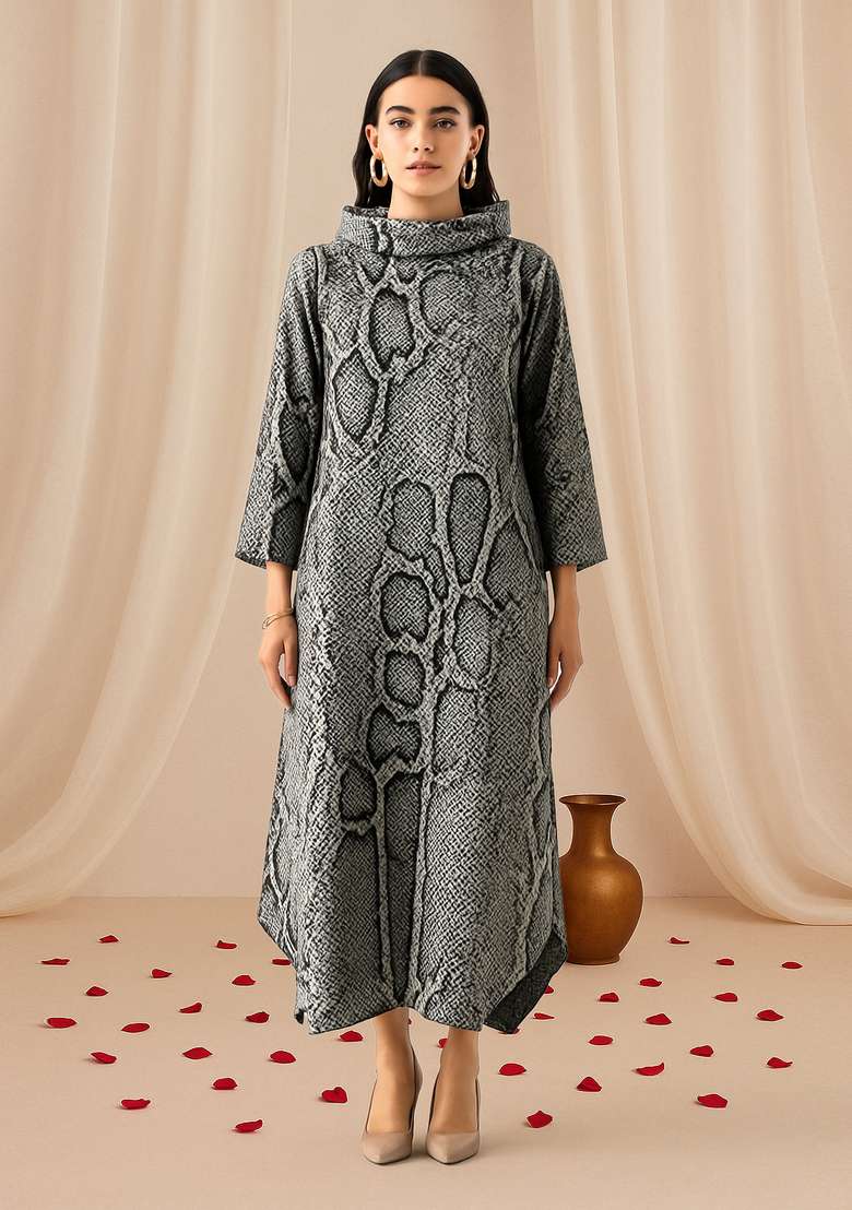 Grey Abstract Print Cotton Dress for Diwali and Festive Wear - Indya