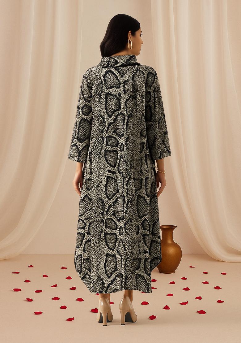 Grey Abstract Print Cotton Dress - Indya