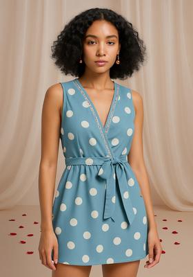 Blue Polka Dot Print Cotton Dress