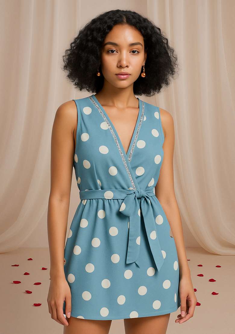Blue Polka Dot Print Cotton Dress for Diwali and Festive Wear - Indya