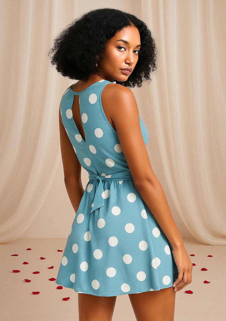 Blue Polka Dot Print Cotton Dress - Indya