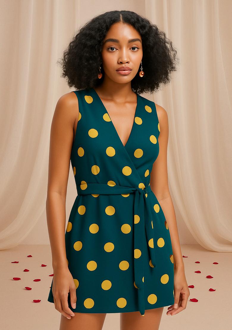 Teal Green Polka Dot Print Cotton Dress