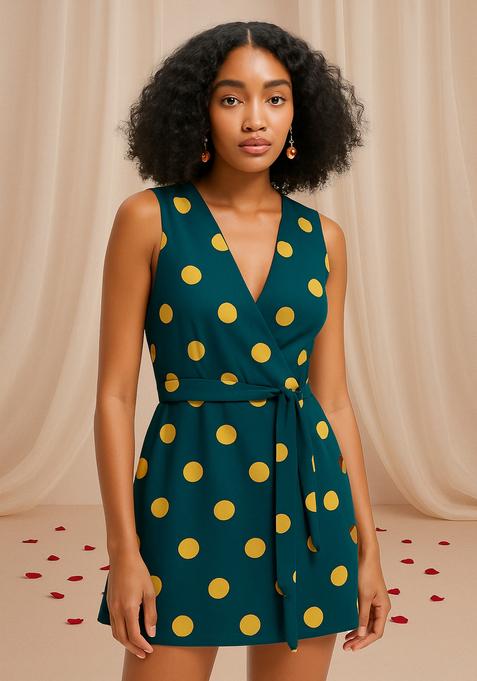 Teal Green Polka Dot Print Cotton Dress