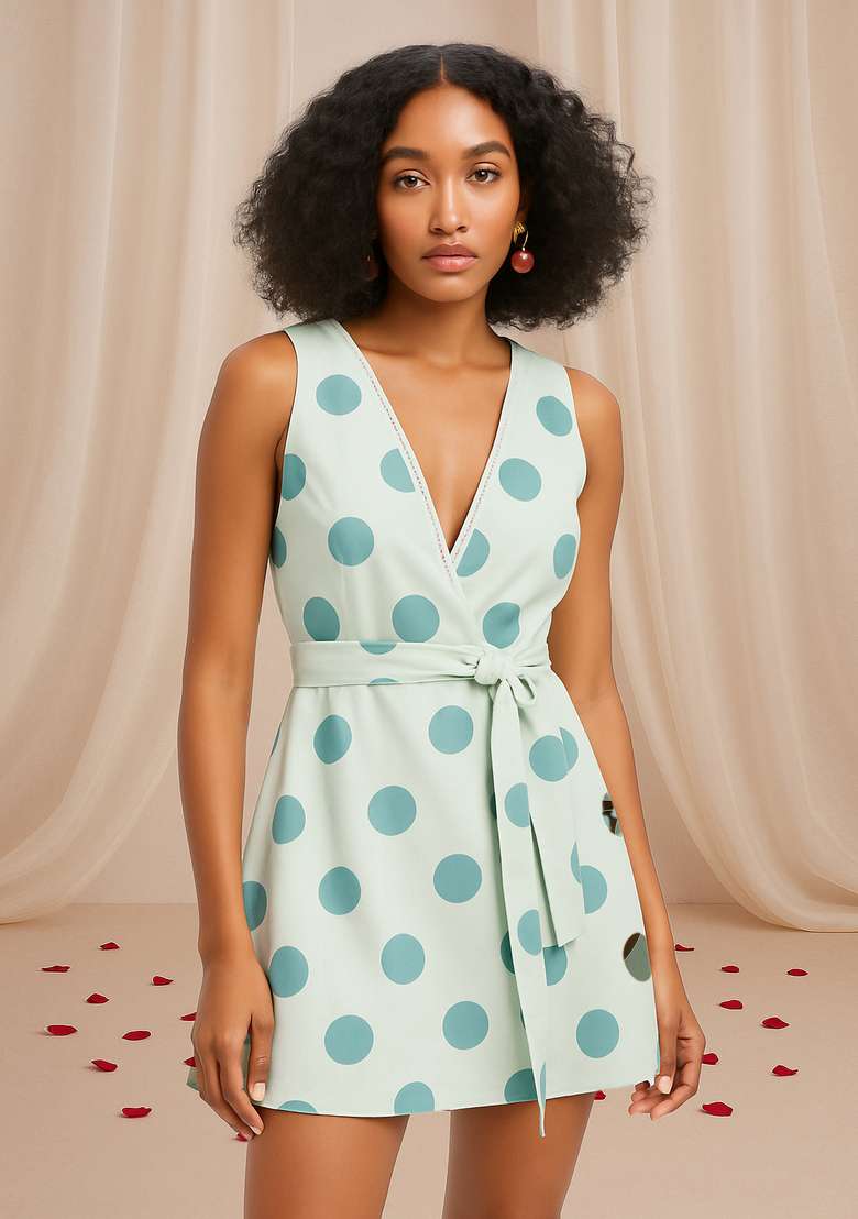 Cream Polka Dot Print Cotton Dress for Diwali and Festive Wear - Indya