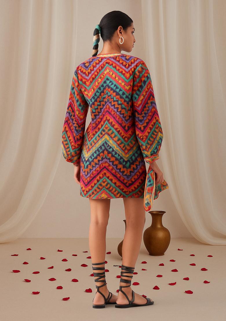 Pink Abstract Print Cotton Dress - Indya