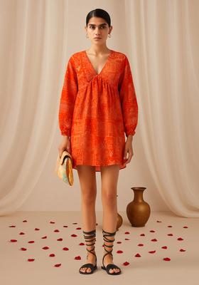 Orange Abstract Print Cotton Dress