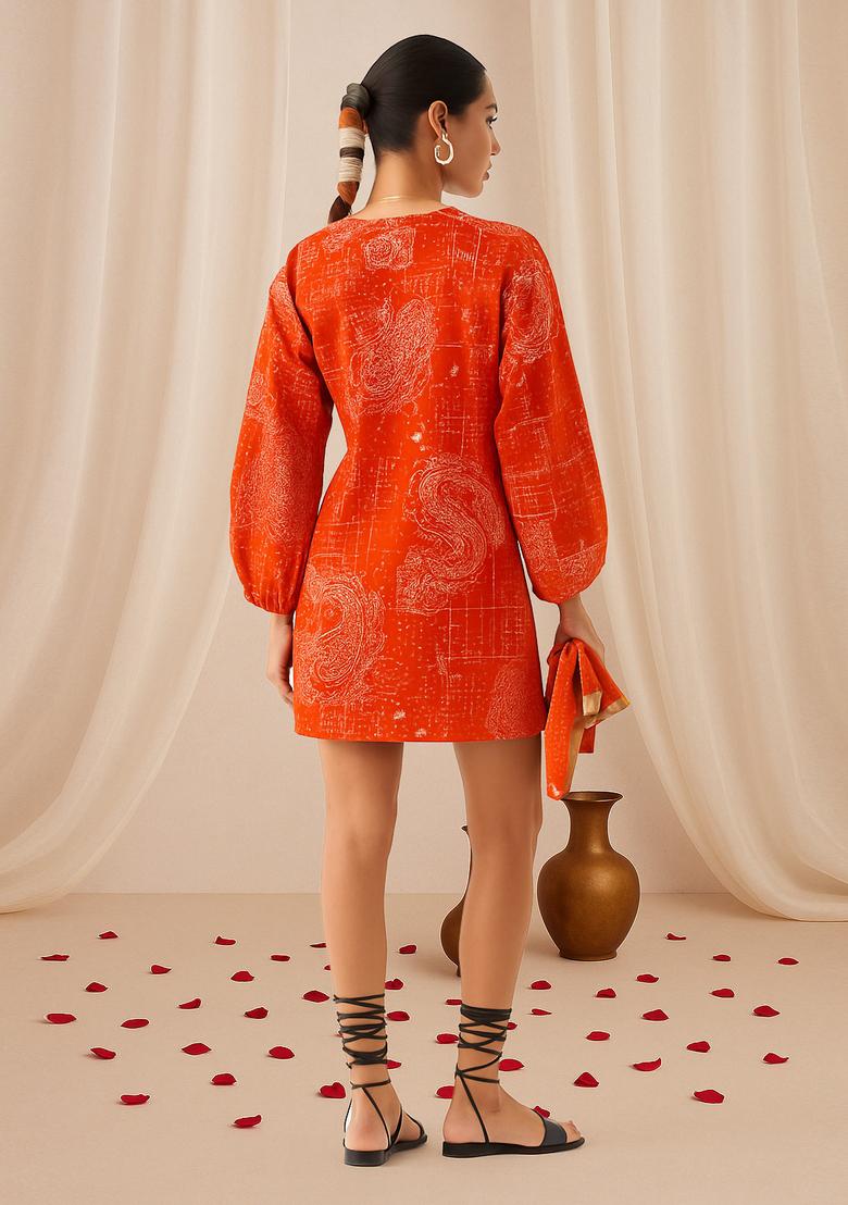 Orange Abstract Print Cotton Dress - Indya